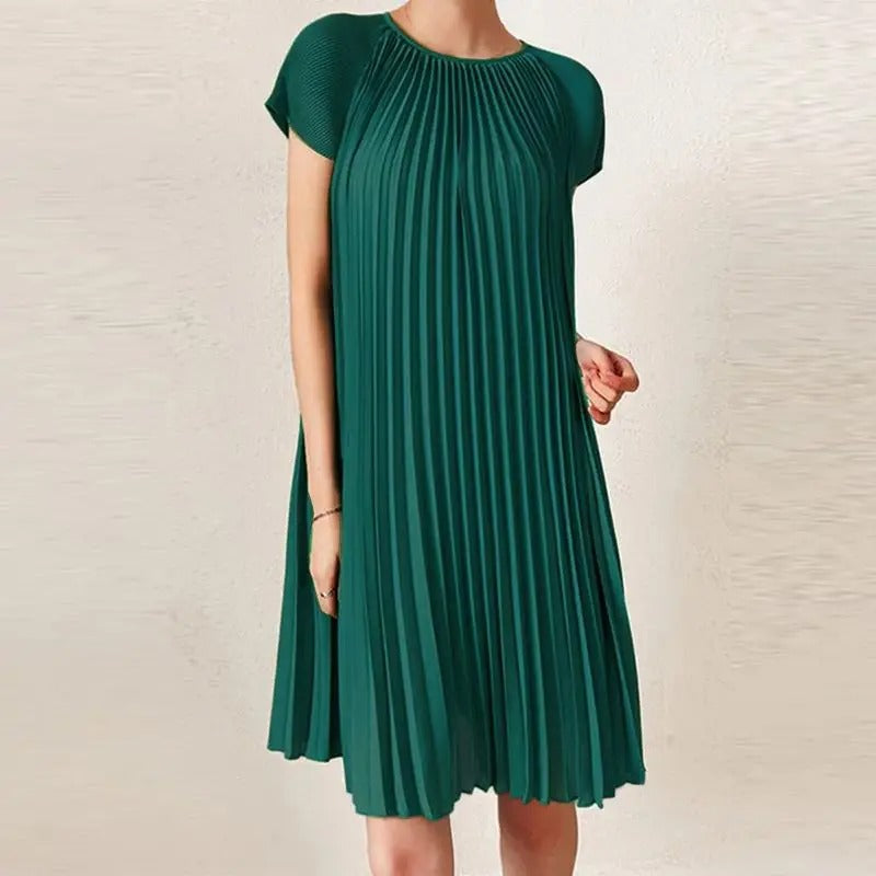 Braelyn - Elegante vestido midi plisado de manga corta y cuello redondo