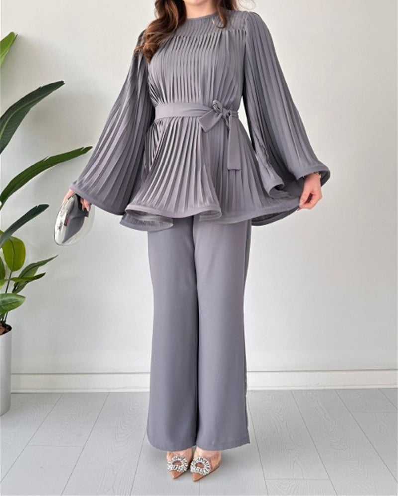Romina - Elegante conjunto de top suelto de manga larga y pantalón ancho